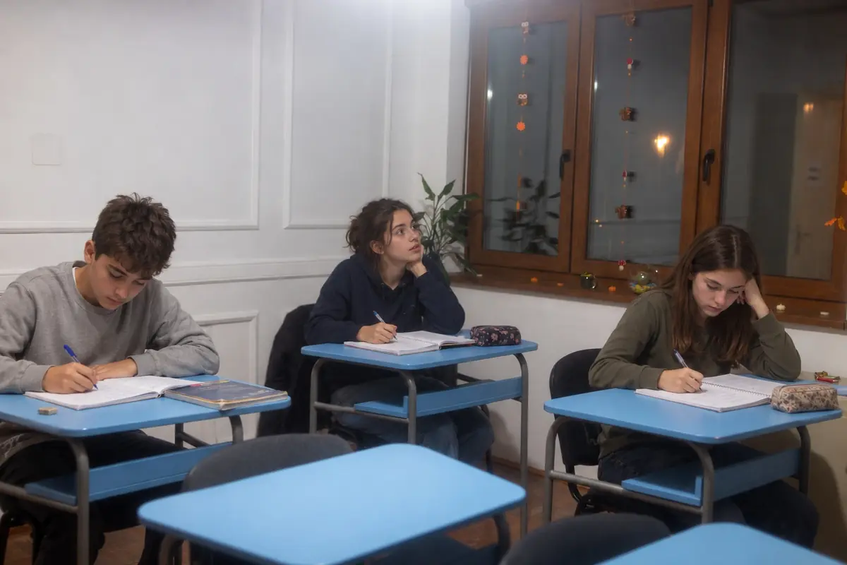 Troje učenika radi za klupama pored prozora.