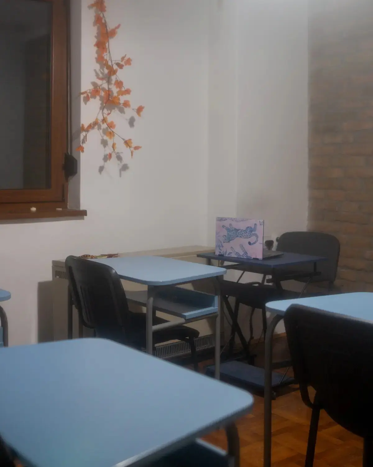 Klupe pored prozora i tabla u učionici.